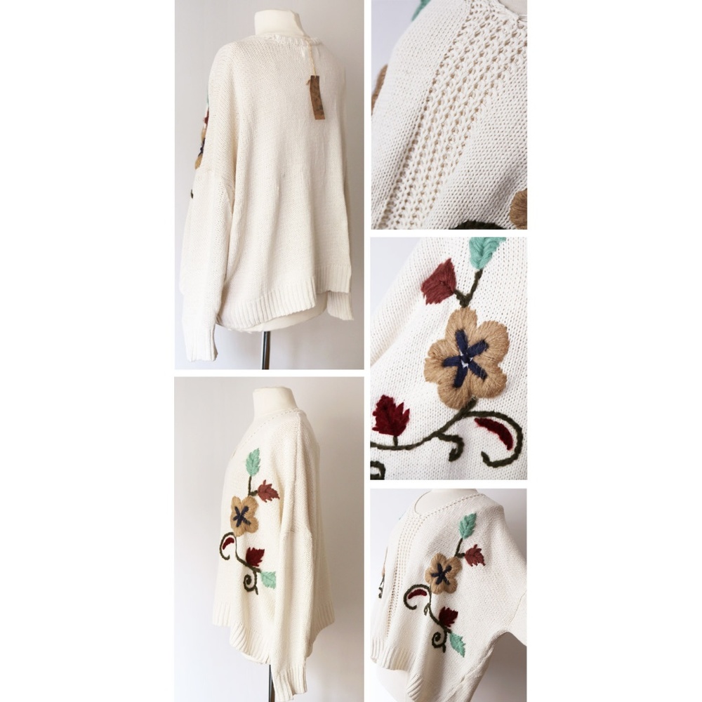 Cream Floral Embroidered Oversize Slouchy Sweater - Picture 5 of 8